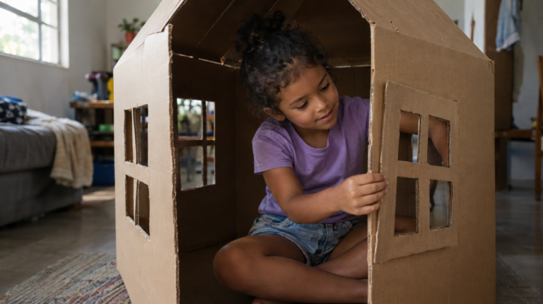 Criança brasileira brincando dentro de uma casinha de papelão
