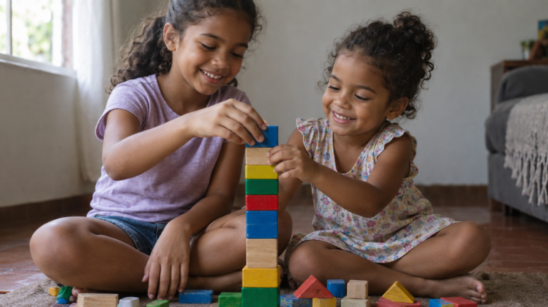 Duas irmãs brasileiras construindo juntas uma torre de blocos