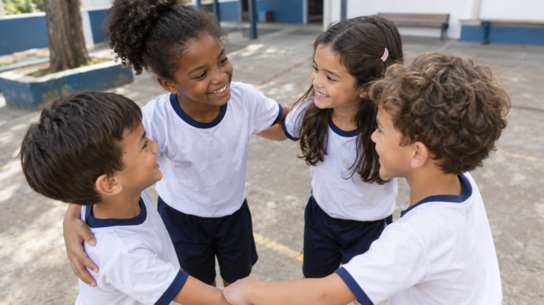 Grupo de crianças brasileiras brincando juntas em círculo no pátio da escola