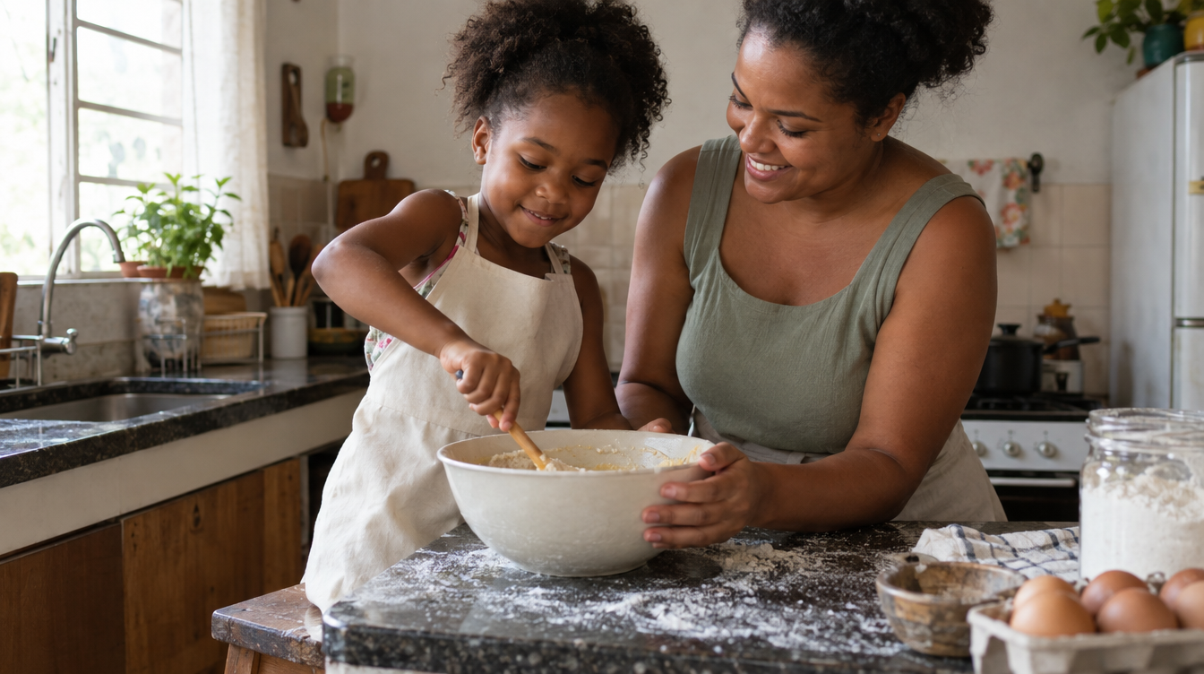 Criança brasileira ajudando a mãe a cozinhar na cozinha