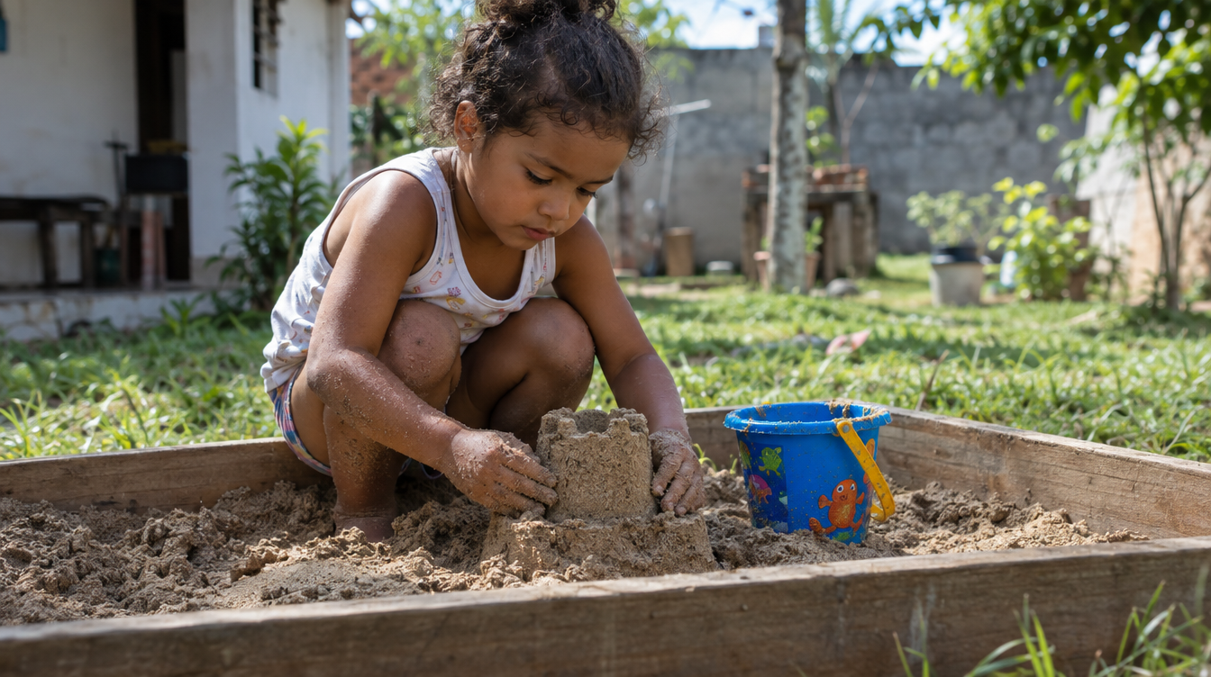 Criança brasileira brincando com areia numa caixa de madeira no quintal