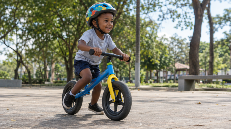 Criança de 3 anos se equilibrando numa bike de equilíbrio sem pedais numa praça