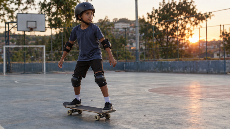 Criança de 9 anos com capacete e proteções se equilibrando em cima de um skate