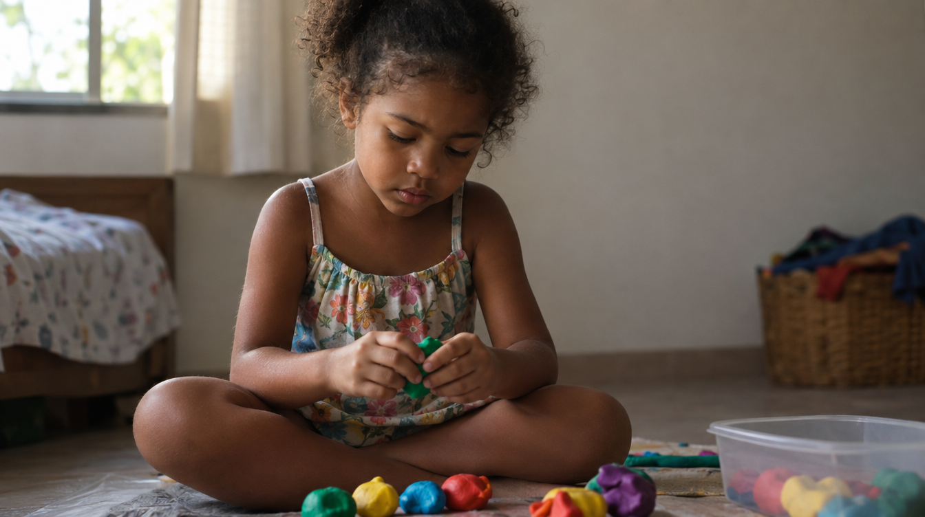 Criança de 4 anos absorta modelando massinha de modelar em silêncio no quarto