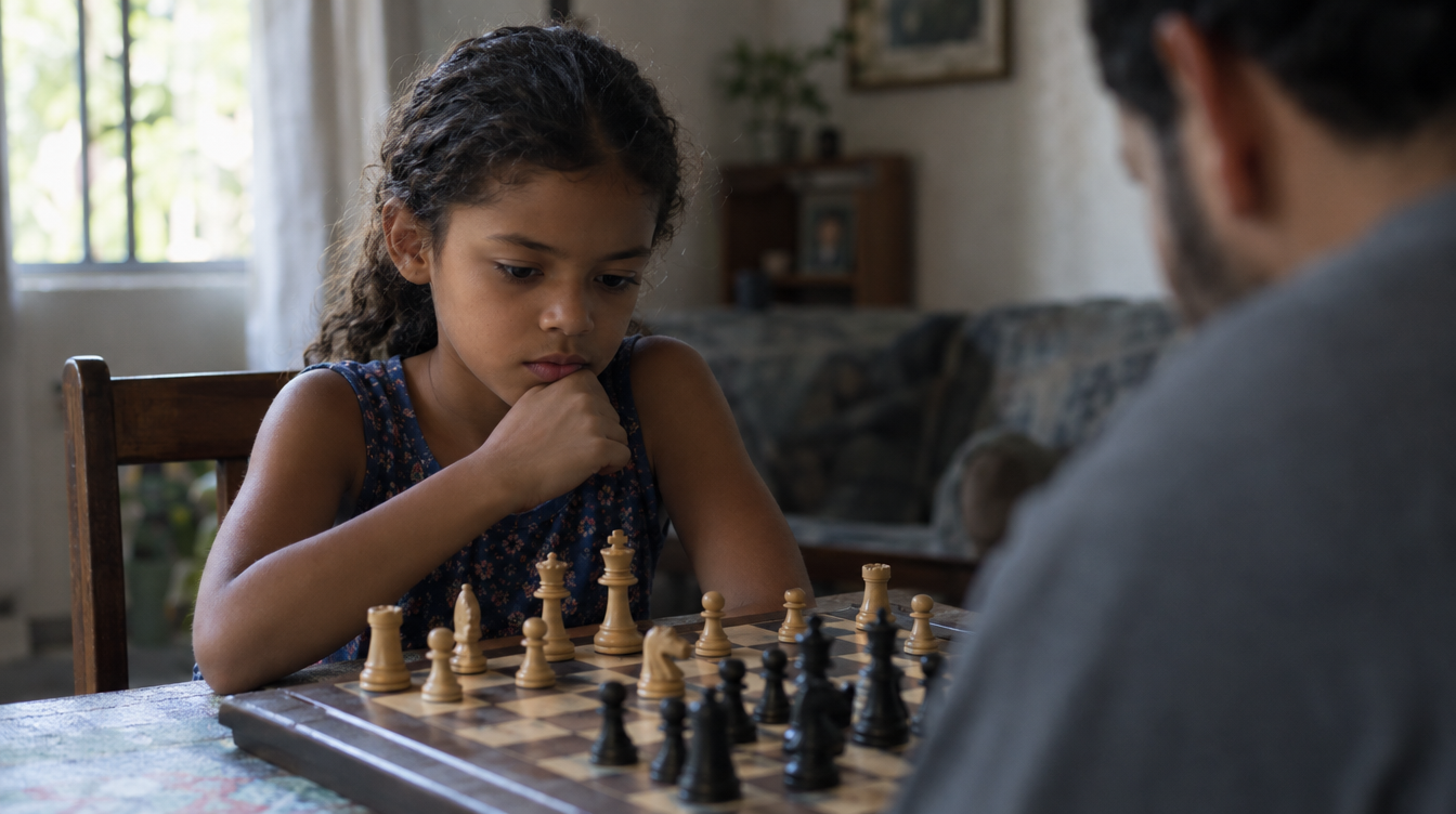 Criança de 8 anos jogando xadrez concentrada num tabuleiro