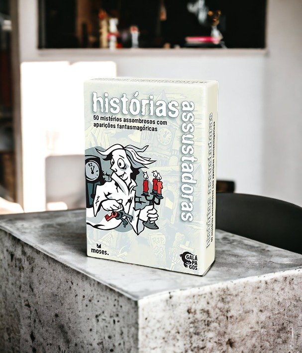 Caixa do jogo de cartas Histórias Assustadoras, com 50 cartas de mistério para resolver em grupo