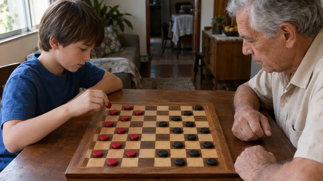 Menino e avô jogando damas numa mesa de madeira, com peças vermelhas e pretas nas casas escuras