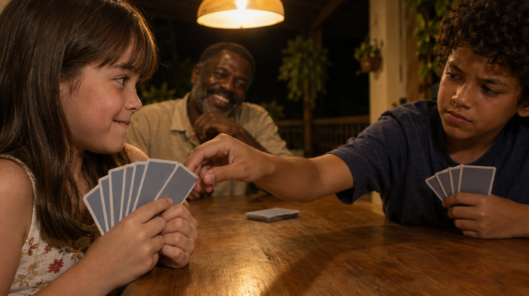 Irmãos jogando cartas na varanda à noite enquanto o tio ri ao fundo