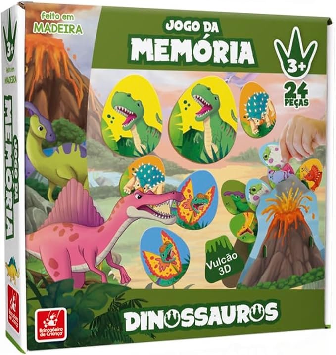 Caixa do jogo da memória de dinossauros em madeira, com 24 peças em formato de ovo e um vulcão 3D