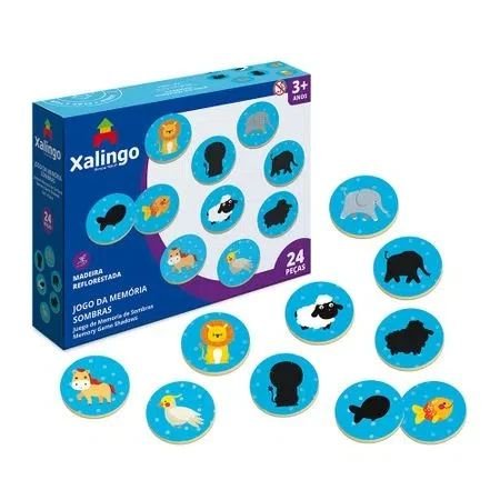 Jogo da memória de sombras, com cartas que mostram cada animal e a silhueta correspondente