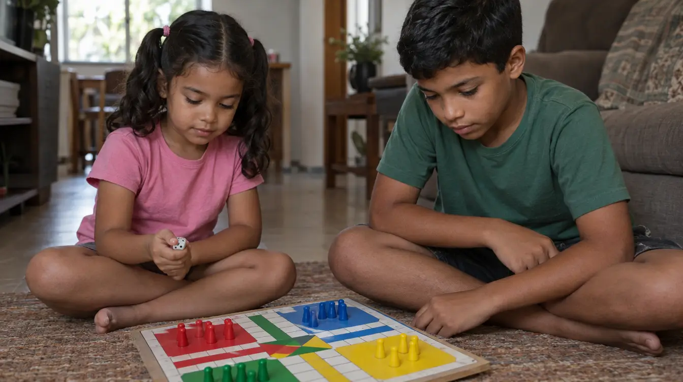 Dois irmãos sentados no chão jogando ludo com dado