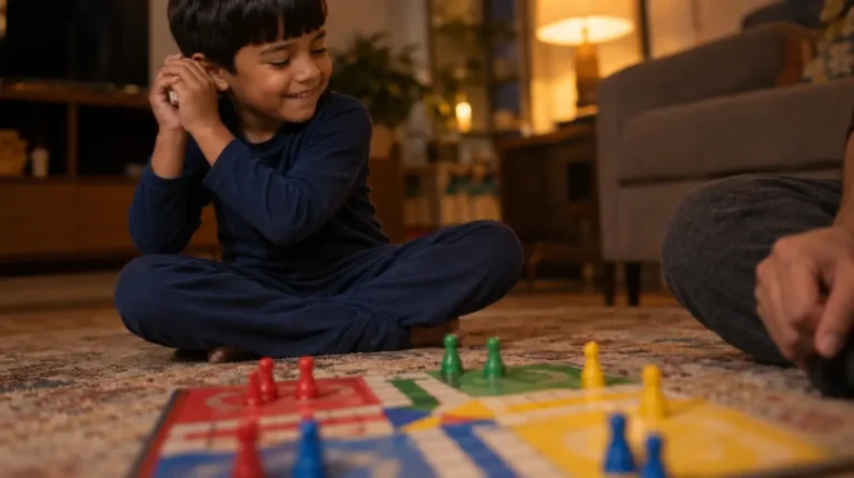 Menino de pijama sentado no tapete sacudindo o dado entre as mãos fechadas, com um tabuleiro de ludo colorido em primeiro plano