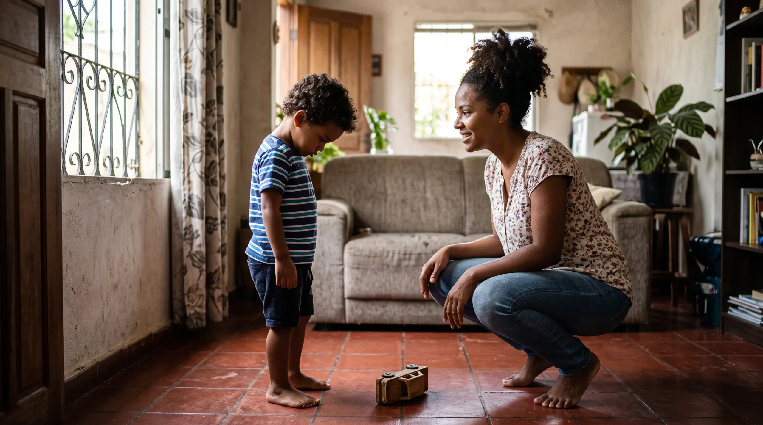 Mãe brasileira agachada na altura do filho pequeno na sala de casa, conversando com calma enquanto ele está contrariado