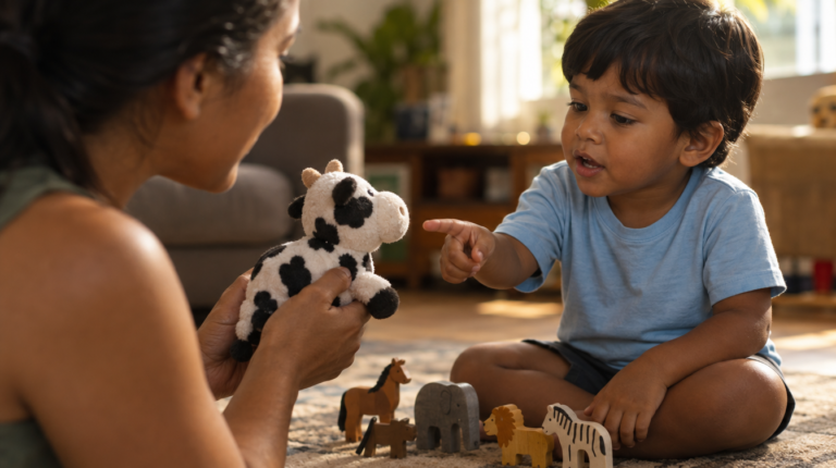 Menino de 2 anos apontando e falando para um bichinho de pelúcia que a mãe segura