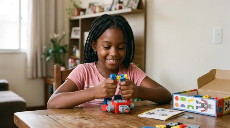 Menina brasileira de cerca de 8 anos à mesa montando um modelo de robô com peças de encaixe coloridas