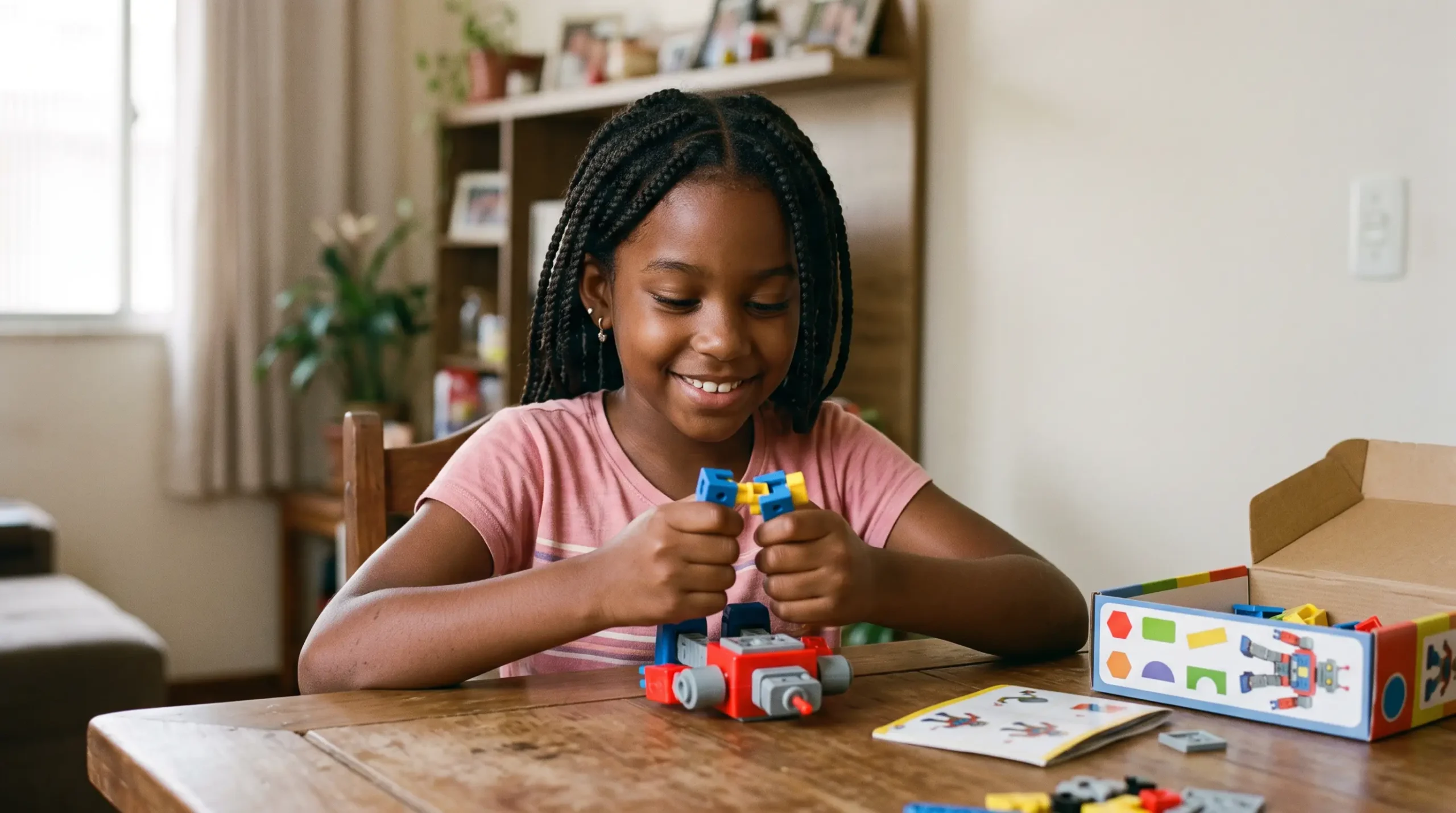Menina brasileira de cerca de 8 anos à mesa montando um modelo de robô com peças de encaixe coloridas