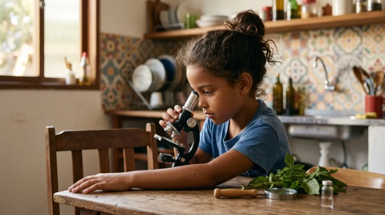 Menina brasileira de cerca de 9 anos olhando no microscópio sobre a mesa da cozinha, com folhas e uma lupa ao lado