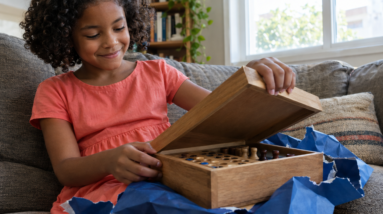 Menina de 7 anos abrindo um presente com um jogo de tabuleiro de madeira