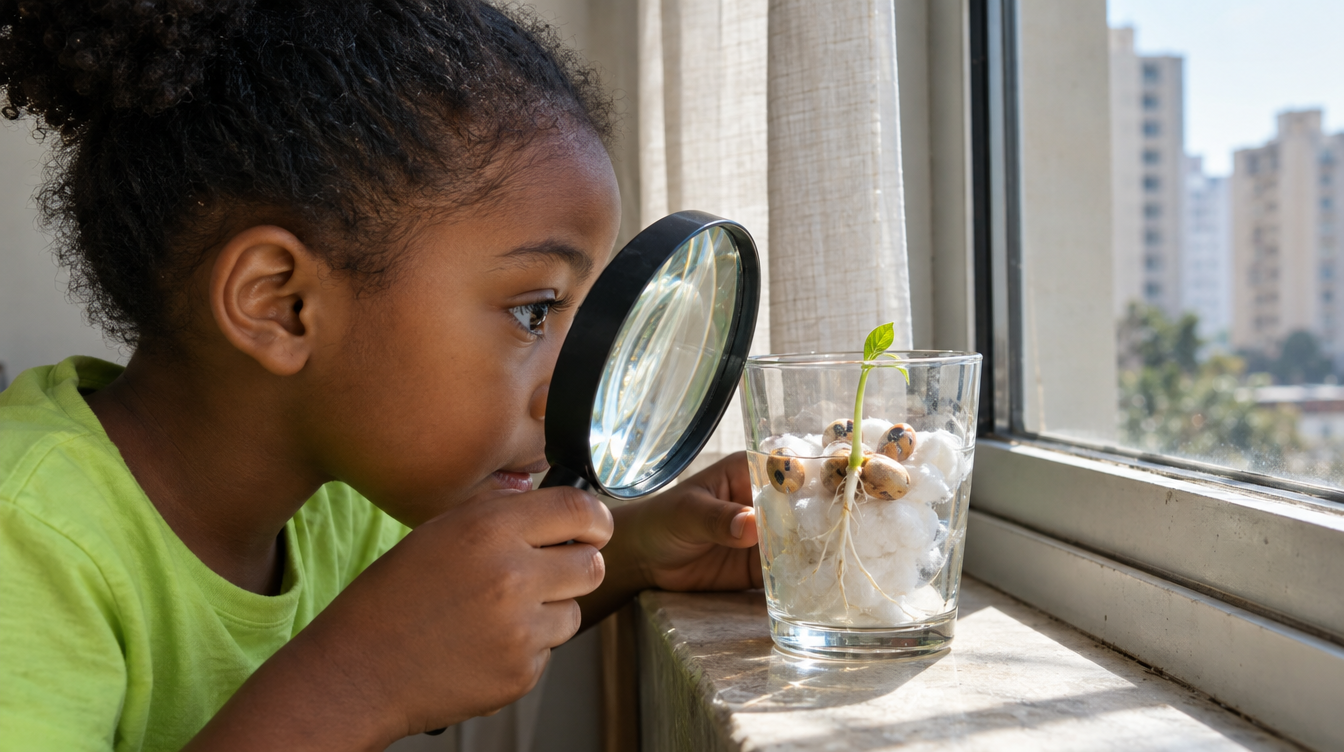 Menina de 5 anos observando com lupa um feijão germinando no algodão
