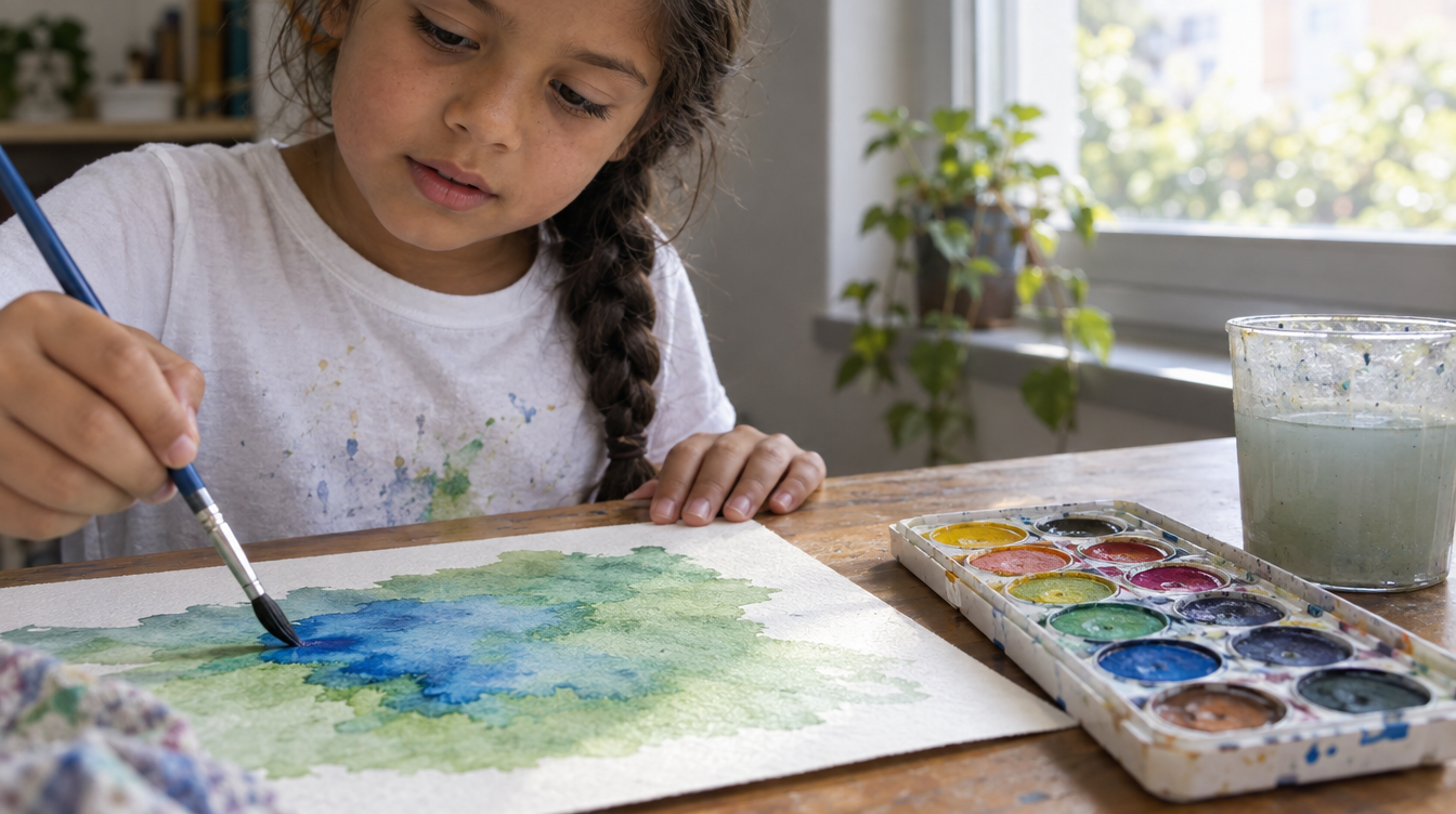 Menina de 7 anos pintando com aquarela numa mesa perto da janela