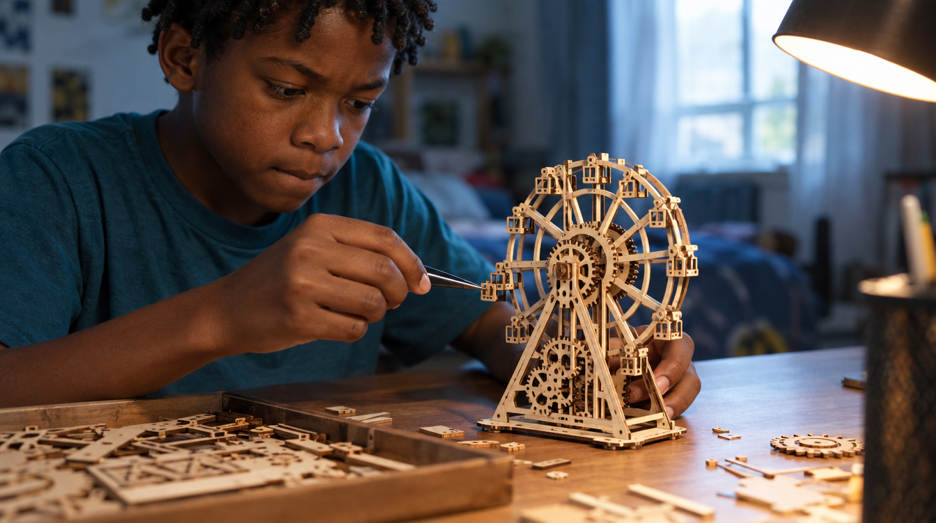 Menino de 10 anos montando com pinça uma roda-gigante 3D de madeira