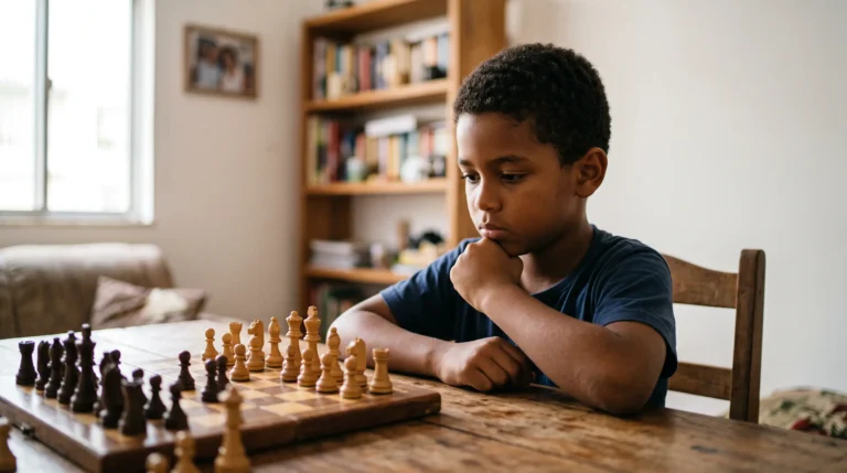 Menino de cerca de 10 anos sentado à mesa da sala, com o queixo apoiado na mão, concentrado diante de um tabuleiro de xadrez de madeira