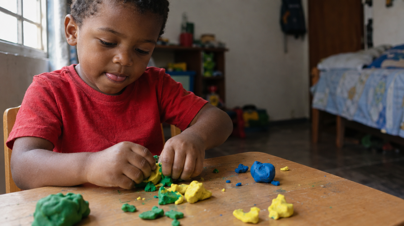 Menino de 3 anos amassando massinha de modelar colorida na mesinha