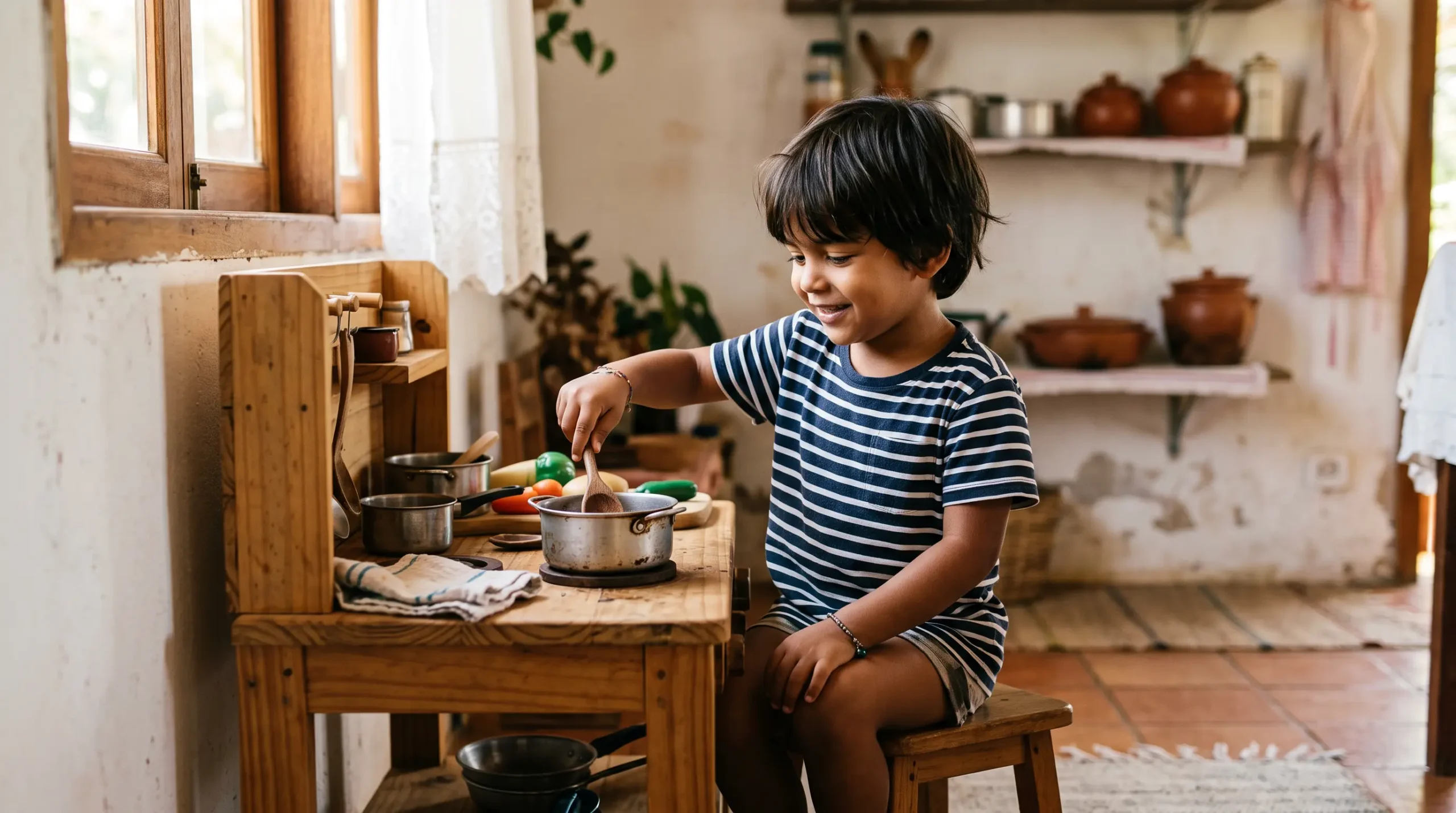 Menino brasileiro de cerca de 4 anos mexendo uma panelinha com colher de pau numa cozinha de brinquedo de madeira