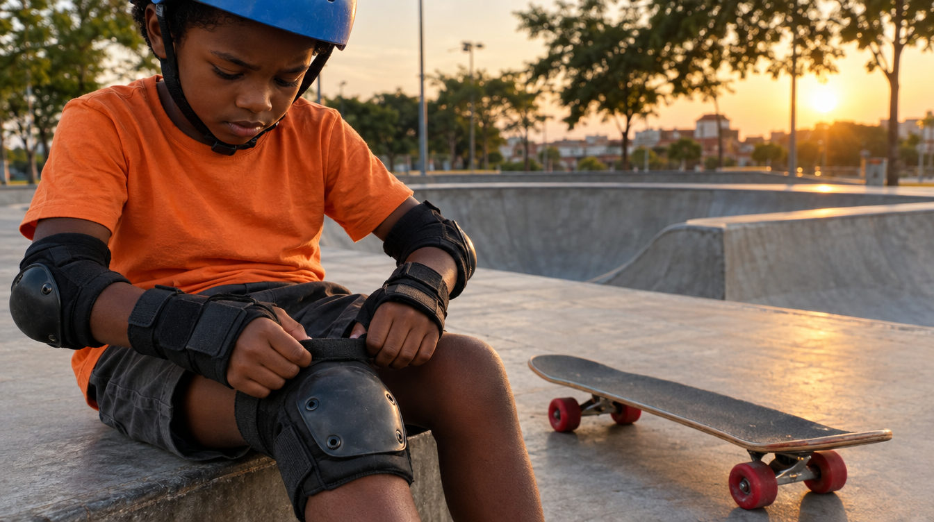 Menino de 7 anos de capacete afivelando a joelheira antes de andar de skate