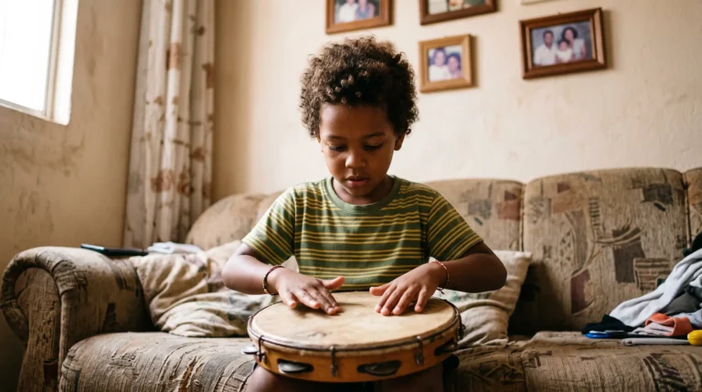 Menino brasileiro de cerca de 6 anos sentado no sofá tocando um pandeiro de madeira apoiado no colo