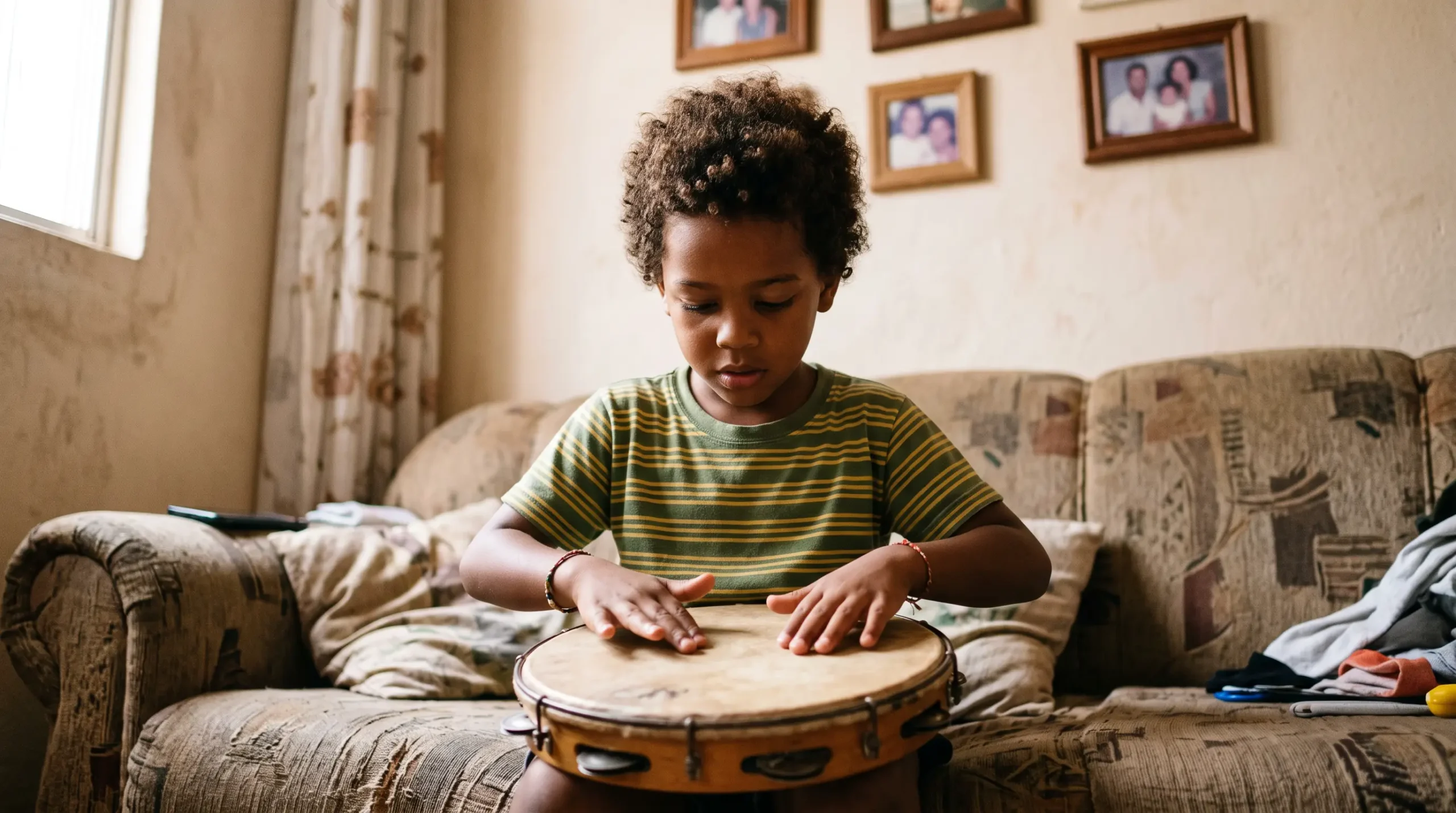 Menino brasileiro de cerca de 6 anos sentado no sofá tocando um pandeiro de madeira apoiado no colo