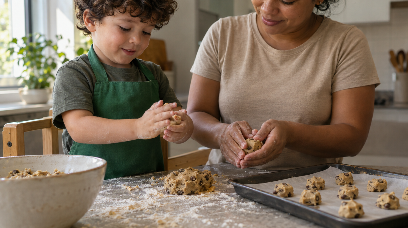 Menino de 4 anos numa torre de aprendizagem enrolando bolinhas de massa de biscoito com a mãe