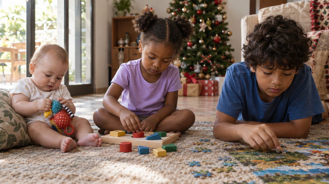Bebê, menina de 4 anos e menino de 8 anos brincando cada um com um presente na manhã de Natal