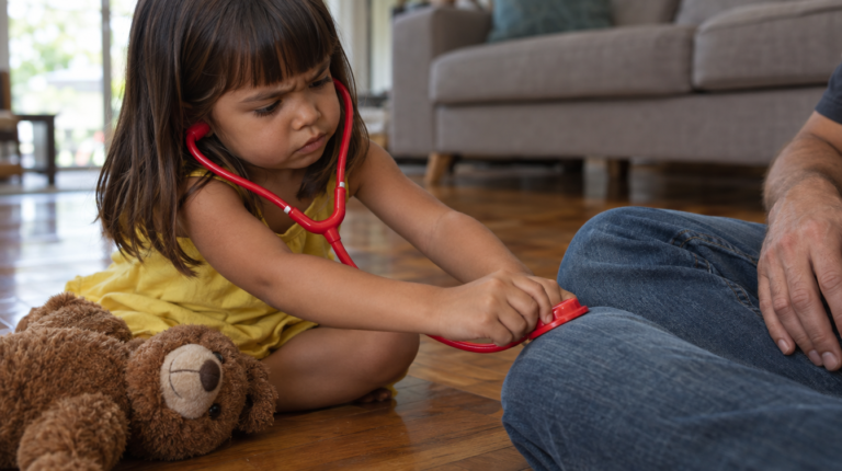 Menina de 3 anos brincando de médica com estetoscópio de brinquedo no joelho do pai