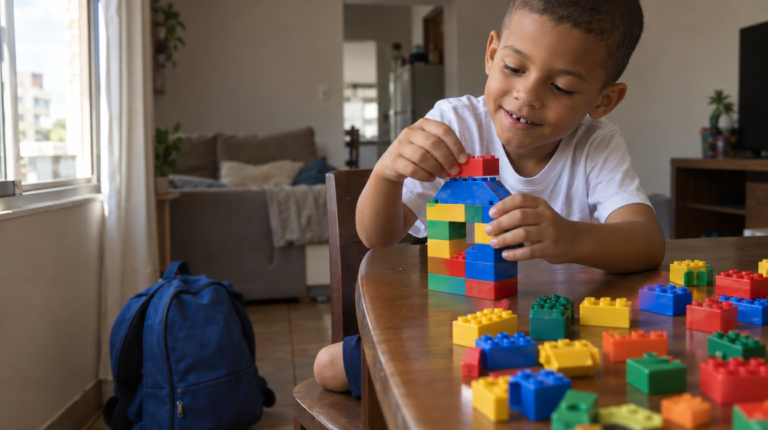 Menino de 6 anos montando uma casinha de blocos na mesa da sala depois da escola
