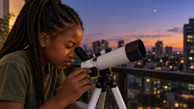 Menina de 10 anos olhando por um telescópio infantil na varanda ao entardecer