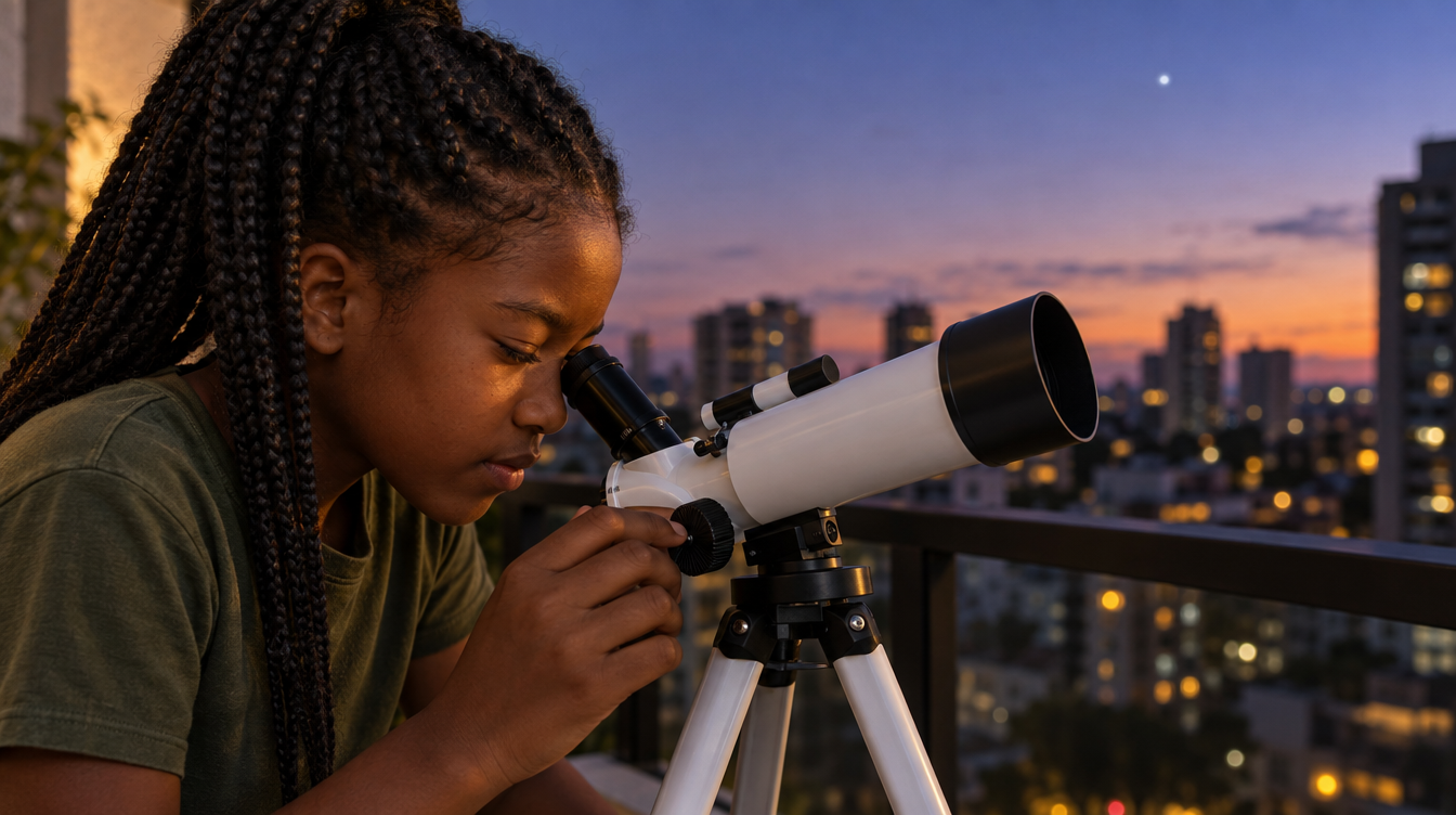 Menina de 10 anos olhando por um telescópio infantil na varanda ao entardecer