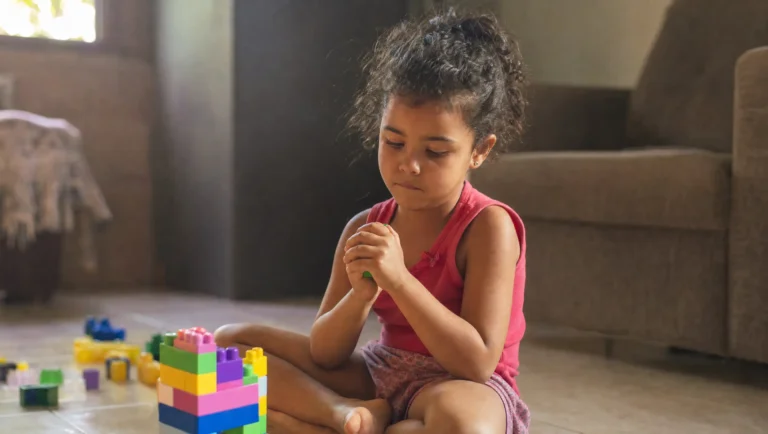 Menina brasileira de cerca de 7 anos sentada no chão de casa montando uma construção com peças de encaixe coloridas