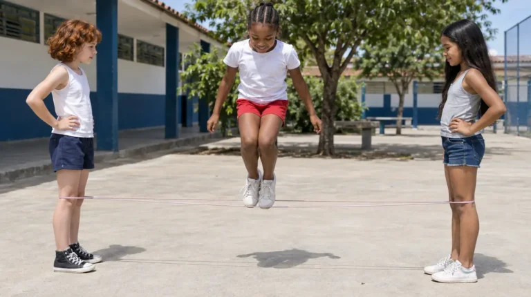 Menina no meio do salto por cima do elástico esticado entre as pernas de outras duas meninas, no pátio de uma escola