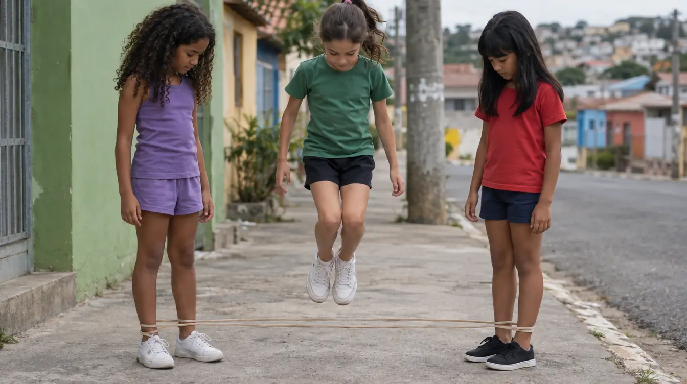 Três meninas na calçada: duas seguram o elástico nos tornozelos e a do meio pula