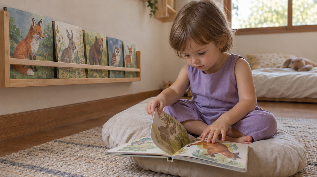 Criança de 2 anos folheando um livro ilustrado no cantinho de leitura de um quarto montessoriano