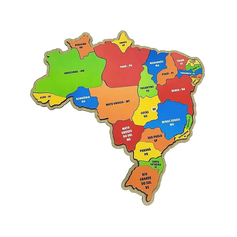 Quebra-cabeça do mapa do Brasil dividido por regiões, com os estados em peças de MDF