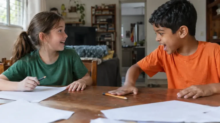 Menino bate a mão na mesa gritando stop enquanto a menina ri, no jogo de stop