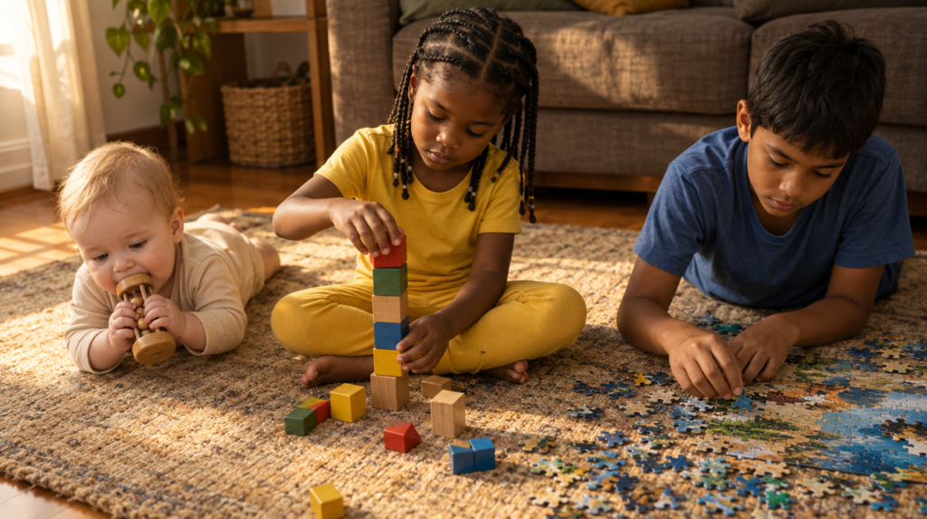 Três irmãos de idades diferentes, cada um com um brinquedo da sua fase