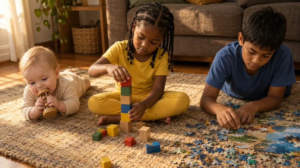 Três irmãos de idades diferentes, cada um com um brinquedo da sua fase