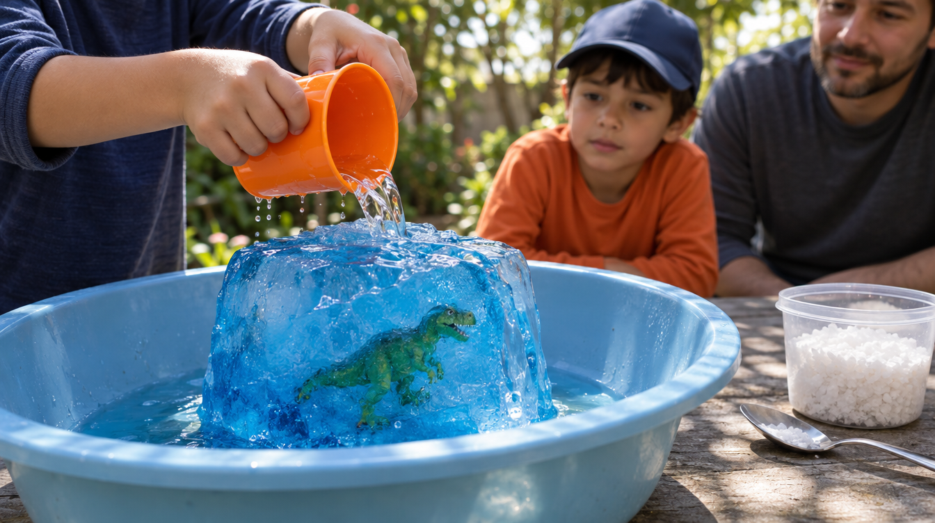 Criança despejando água sobre um bloco de gelo azul com um dinossauro de brinquedo preso dentro, com pote de sal ao lado