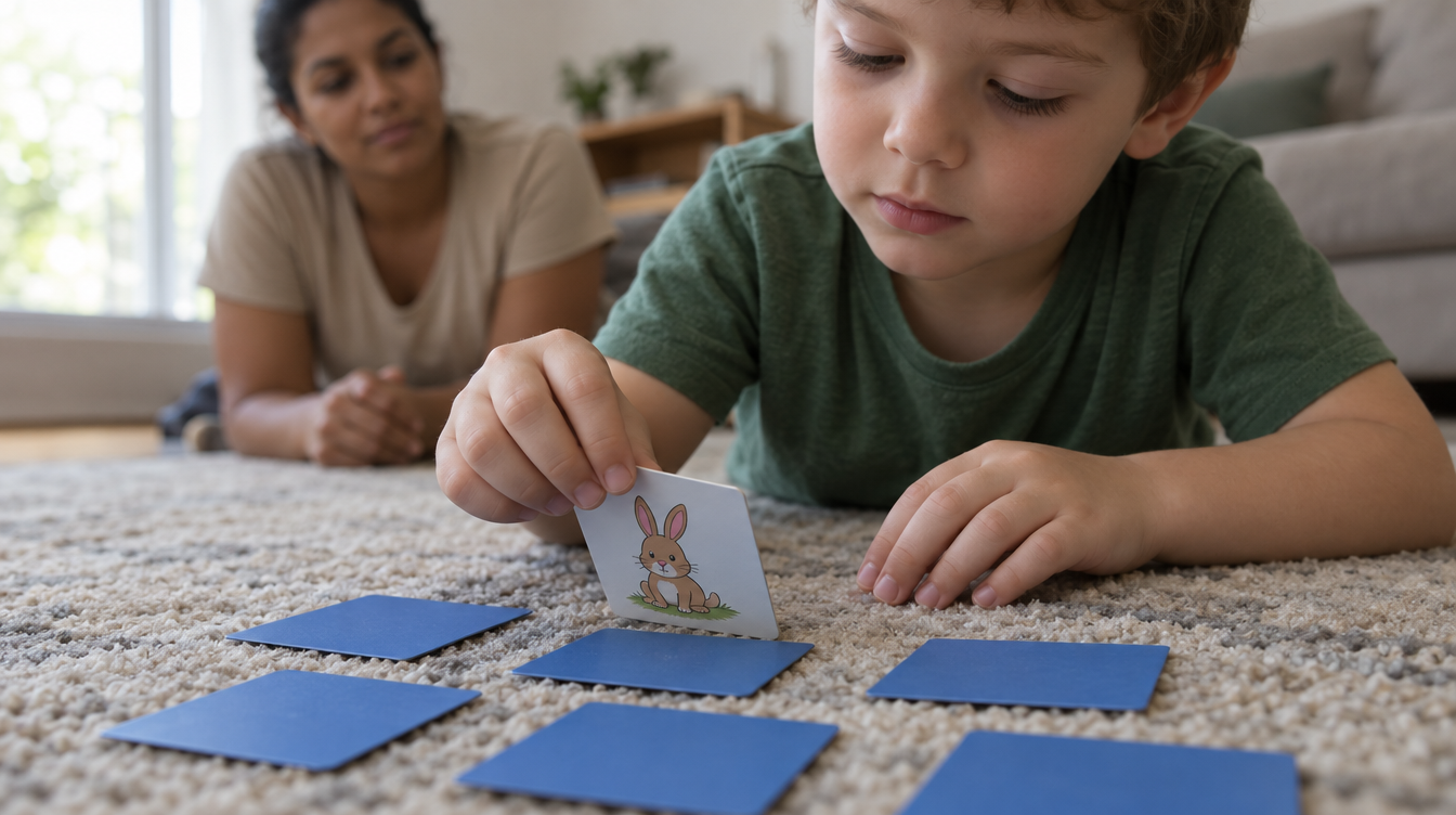 Menino deitado no tapete vira uma carta do jogo da memória, com poucas cartas na partida, enquanto a mãe observa.