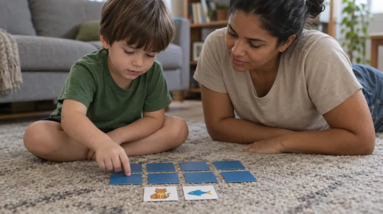 Menino de 4 anos e a mãe sentados no tapete da sala jogando jogo da memória, com poucas cartas viradas para baixo entre eles.