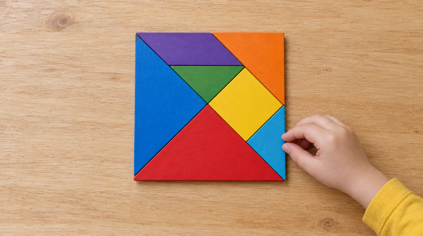 Vista de cima das sete peças coloridas do tangram montadas como um quadrado, com a mão de uma criança encaixando o último triângulo pequeno.